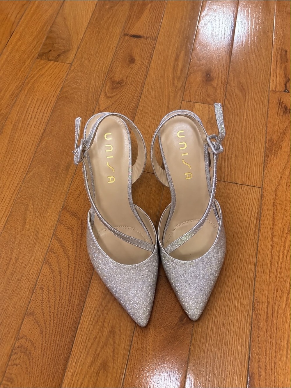 Unisa Silver Glitter Pointed Toe Ankle-Strap Heels